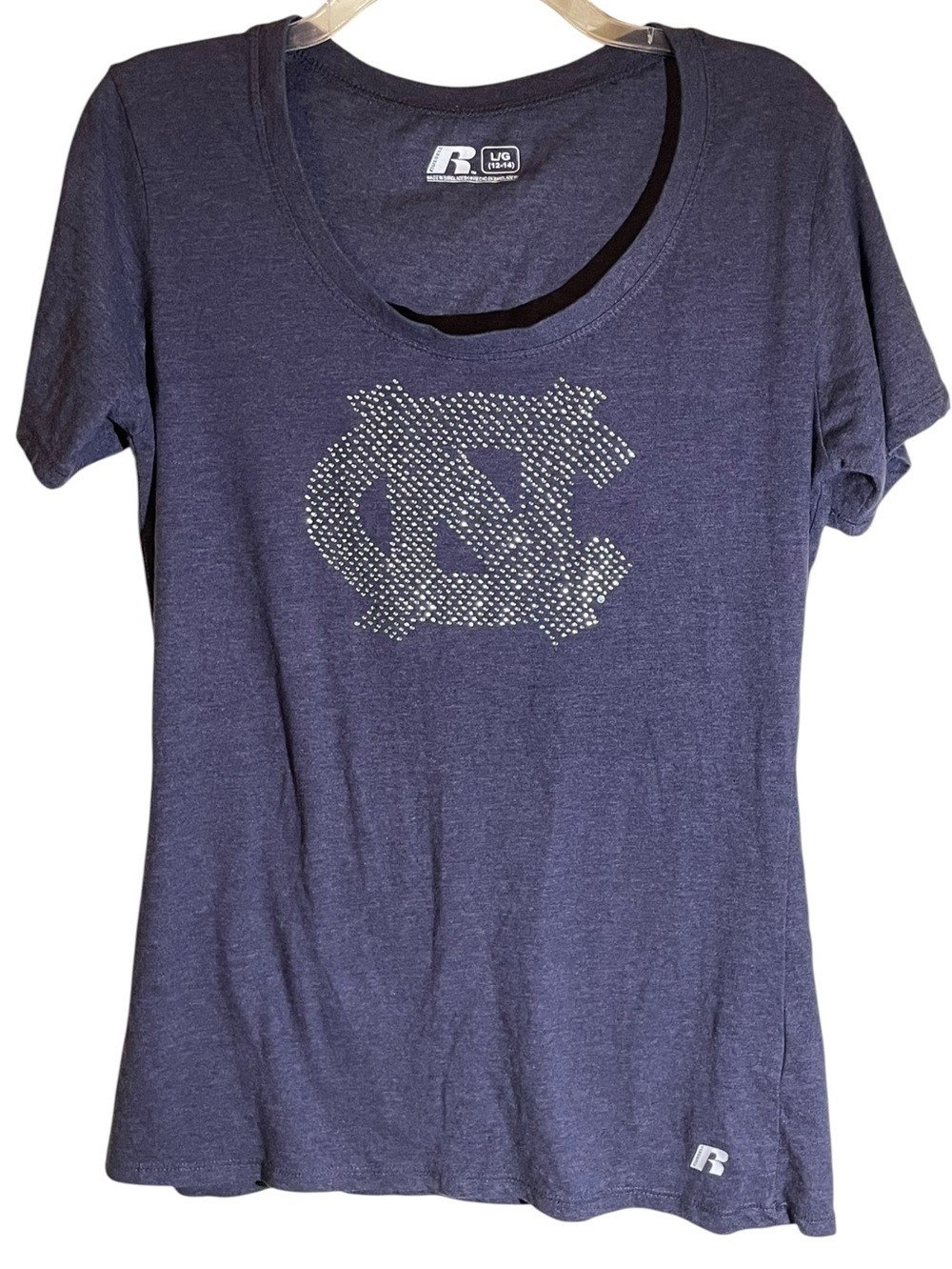 Russell Athletic Blue Heather Tee with Rhinestone UNC Tarheels Logo Women Size L
